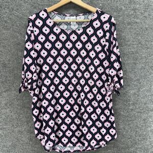 West Loop Blouse Women L Large Blue Geometric 3/4 Sleeve Round Neck Casual